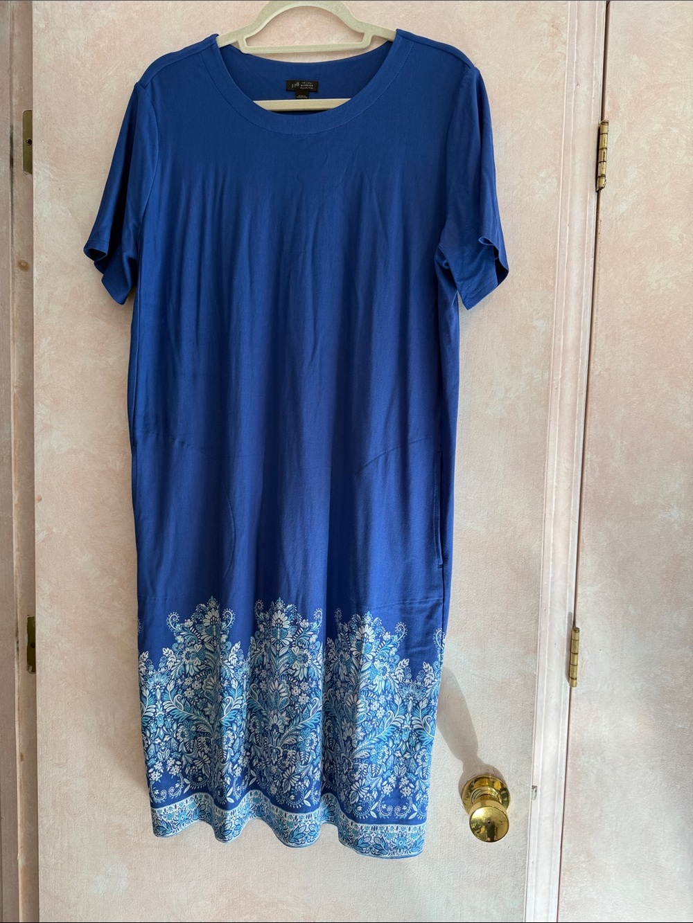 J. Jill Royal Blue Short-Sleeve Midi Dress with White Border Print